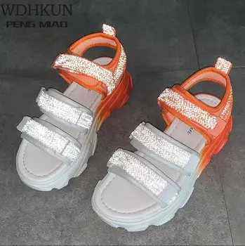 

2020 Women Sandals Sequins Gradient Woman Summer Platform Wedge Shoes Rome Med Heel Ladies Sandals Beach Large Shoes