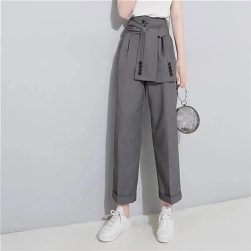 

Newest Fashion 2019 Designer Autumn Women High Wide Leg Pants Button Bow Solid Color Loose Casual Trousers