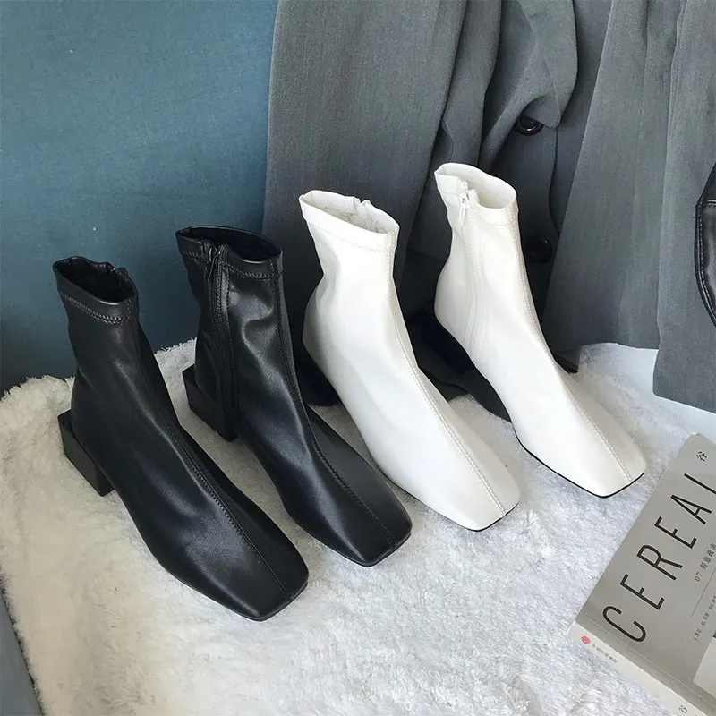 MONMOIRA Винтаж квадратный носок женские ботильоны толстый каблук стрейч PU сапоги