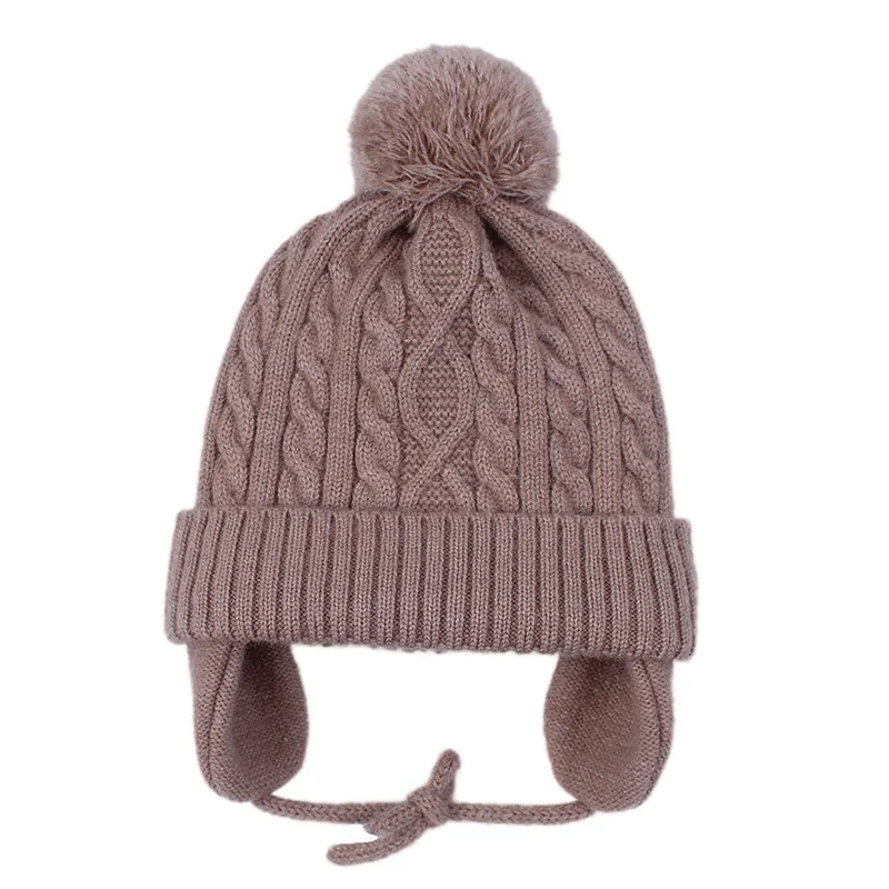 Плотная теплая шапка для младенца для новорожденного, зимняя шапка для детей, вязаная шапка для маленьких девочек и мальчиков, шапочка, шапочка с помпоном, защита ушей, детская шапка - Цвет: Khaki