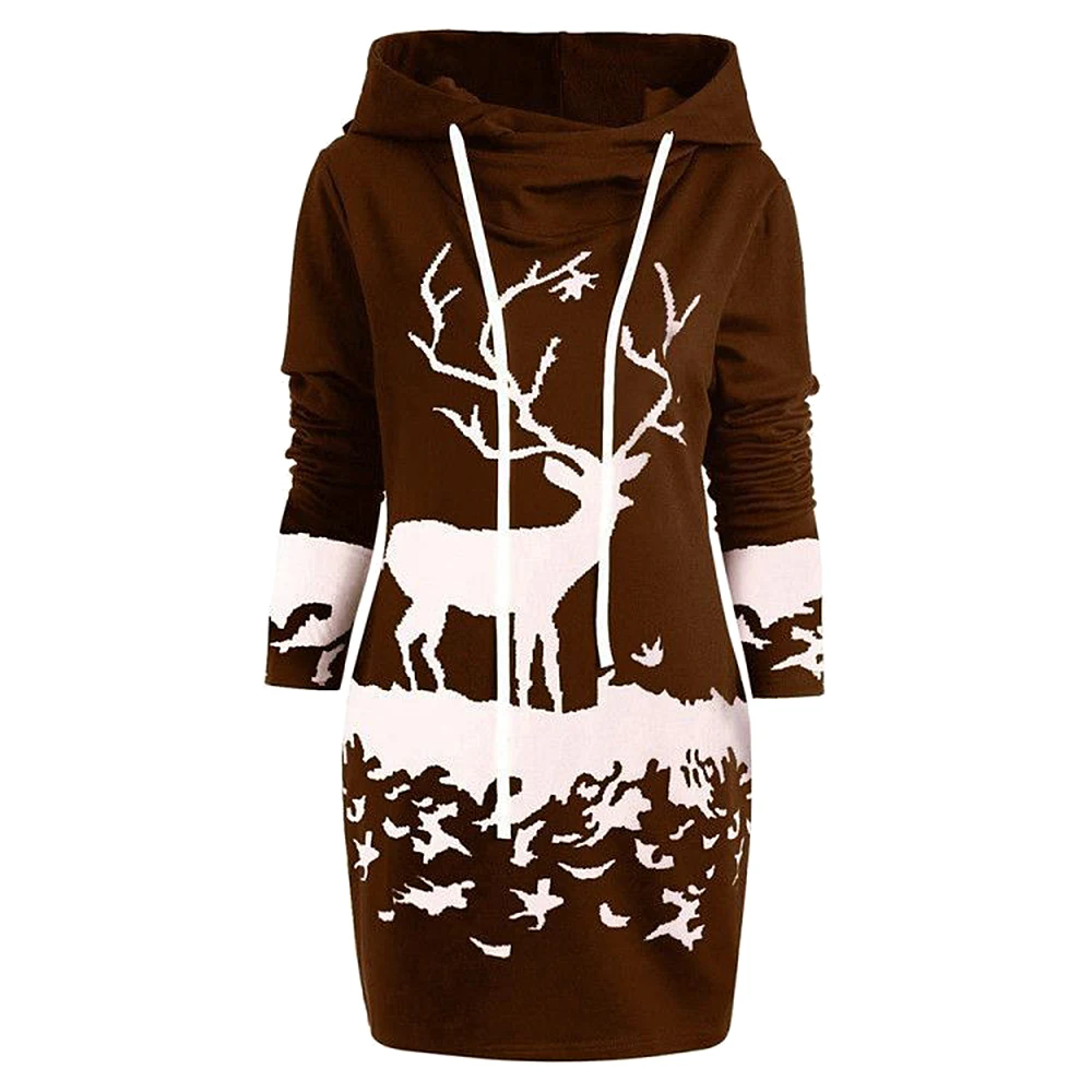 Рождественские женские милые длинные толстовки с 3D принтом, платья с длинным рукавом, толстовки с изображением оленей, топы, женские облегающие Повседневные пуловеры с капюшоном, зимние