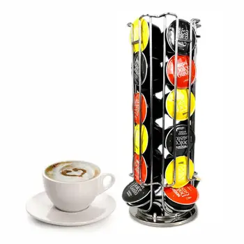 

360° Rotating 32 Coffee Capsules Holder Capsules Dispensing Tower Stand Space-saving Iron Electroplating Display Storage Rack