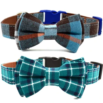 

Breakaway Dog Collar PU Leather with Detachable Bowtie Classic Plaid Bowtie Durable Adjustable Safety Collars for Large Dogs