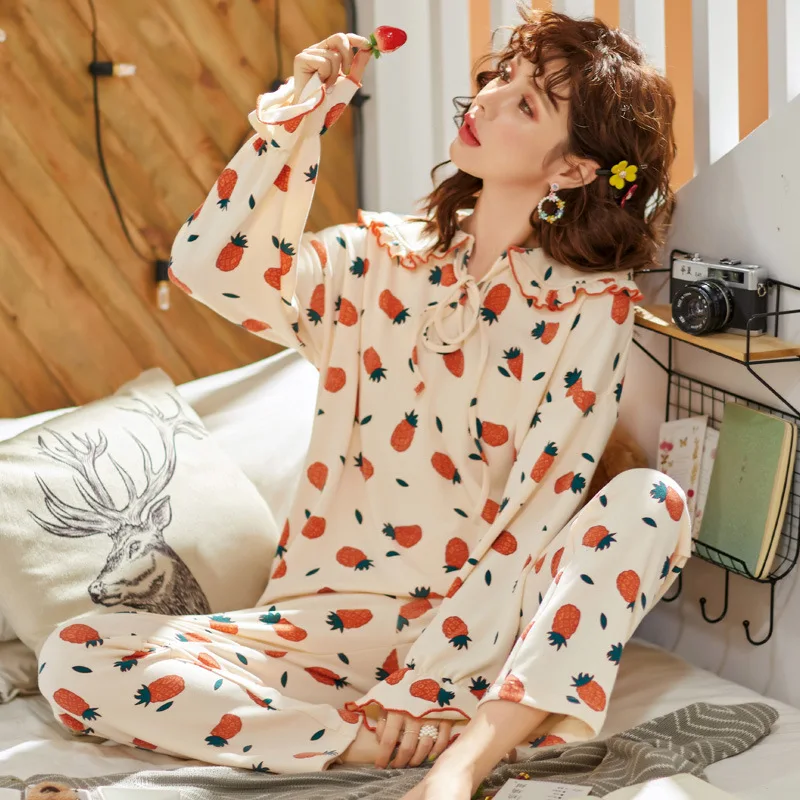 

Autumn & Winter Women's Pure Cotton Pajamas Suit Crew Neck Sweet Small Pineapple Cartoon Cute Home Wear