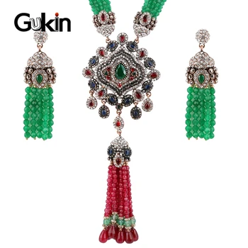 

Gukin Natural Stone African Jewelry Set Red Green Crystal Zircon Antique Gold Color Necklace Women's Earrings Luxury Wedding Set