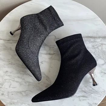 

2020 European and American Autumn and Winter Fast New Sequined Thin Heeled Square Heel Ankle Boots High Heels Pointed Boots