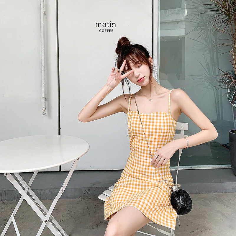 EAD Summer New Retro Sexy Plaid Sling Dress Female Temperament Elegant Slim Vacation Beach Mini Fashion Wild Plus Size | Женская одежда