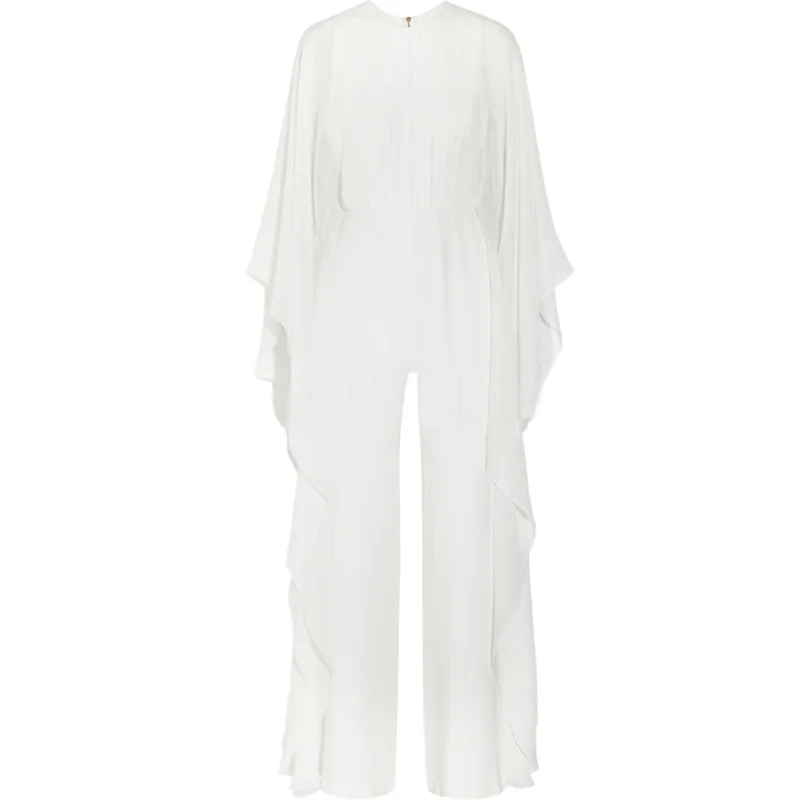 Sexy White Rompers Women Fashion Batwing Sleeve Party Jumpsuit Rompers Chiffon Stitching High Waist Wide Leg Pants Black Romper