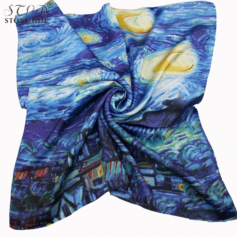 55X55 см Eruo Ван Гог Картина маслом квадратный шелковый шарф для женщин Бандана Платок шейный платок Тощий шарф женские ленты для волос