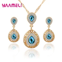 Модные женские свадебные 925 пробы, серебряные ювелирные изделия, набор, Кристальные серьги, ожерелье, кулон, стразы,, капля воды, костюм