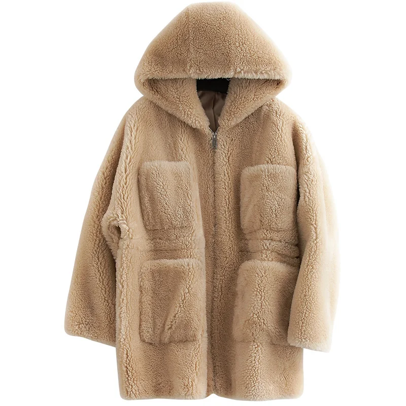 

2020 New Sheared Cashmere Overcoat Even Hat Self-cultivation Long Fund Grain Wool Loose Coat
