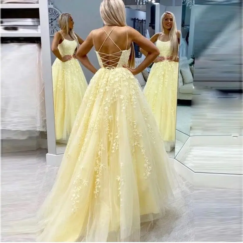 Lace Appliques Prom Dresses Long Spaghetti Straps Lace-up Back Sleeveless Formal Evening Party Gowns Vestido De Festa simple prom dresses Prom Dresses