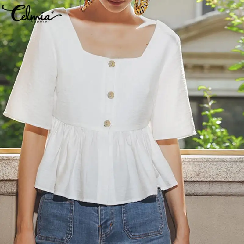 

Elegant Solid Tunic Shirt Women Ruffles Blouse Celmia 2020 Summer Half Sleeve Sexy Square Collar Button Party Stylish Top Blusas