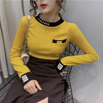 

Autumn Winter T shirt Women Striped Letters Embroidery Stretchy Thick Tops Tee Fleece Long Sleeve T-shirt Bottoming T9N395