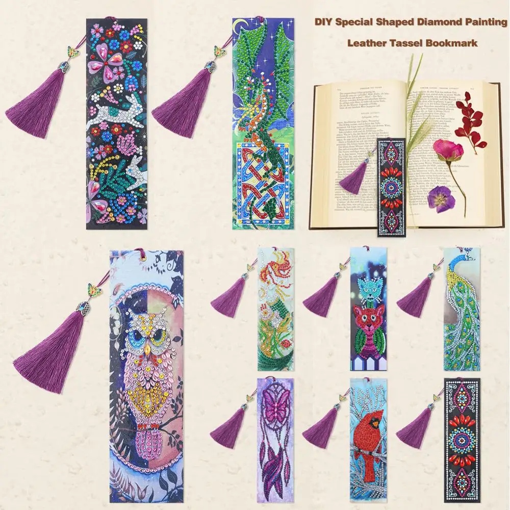 DIY Special Shaped Diamonds Painting Leather Bookmark Vintage Tassel Book Marks 
