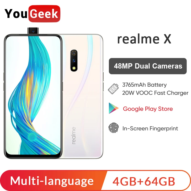 Realme X 4 ГБ ОЗУ 64 Гб ПЗУ 6,53 ''полноэкранный мобильный телефон с всплывающей камерой мобильный телефон 20 Вт VOOC Быстрая зарядка 3,0 смартфон