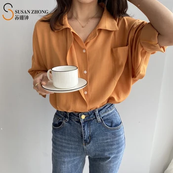 

Women Shirts Female Blouses Tops Long Sleeve Modern Official Loose Sexy Turn-Down Collar Solid Pockets Elegant Autumn Poplin