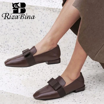 

RIZABINA Women Flat Shoes Sweet Bowknot Square Toe Shoes Women Genuine Leather Solid Color Slip On Easy Wear Footwear Size 34-39