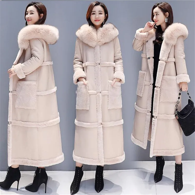 Luxury Coat Winter Lamb Fur Coat Women Plus Size Korean Big fur collar Over the knee Faux Leather Thick Warm Long Coat