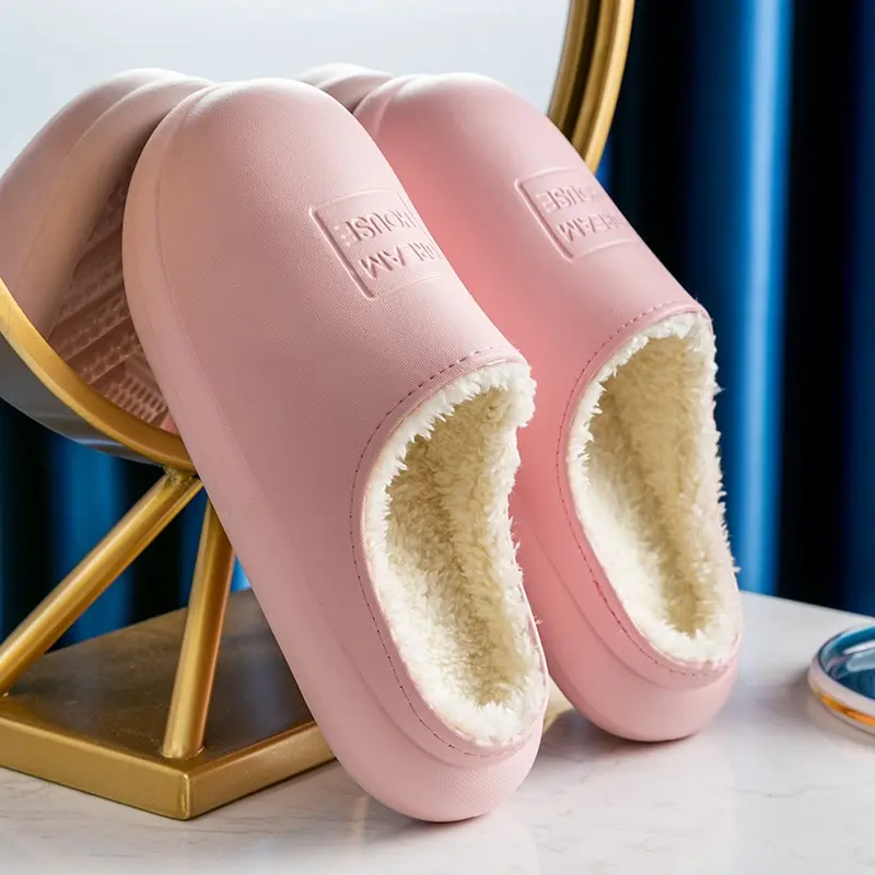 Winter Fashion Woman Slippers House Slippers PU Leather Warm Fur Slippers Waterproof Home Slipper Indoor Floor Shoes For Female