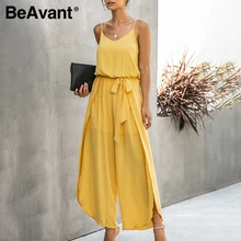 BeAvant Boho Spaghetti Straps Long Jumpsuits Women Summer High Waist Sash Casual Jumpsuits Romper Female Split Sexy Overalls
