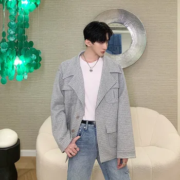 

New Male Retro Streetstyle Loose Coat Outerwear Men Vintage Fashion Casual Plaid Cargo Jacket Outerwear