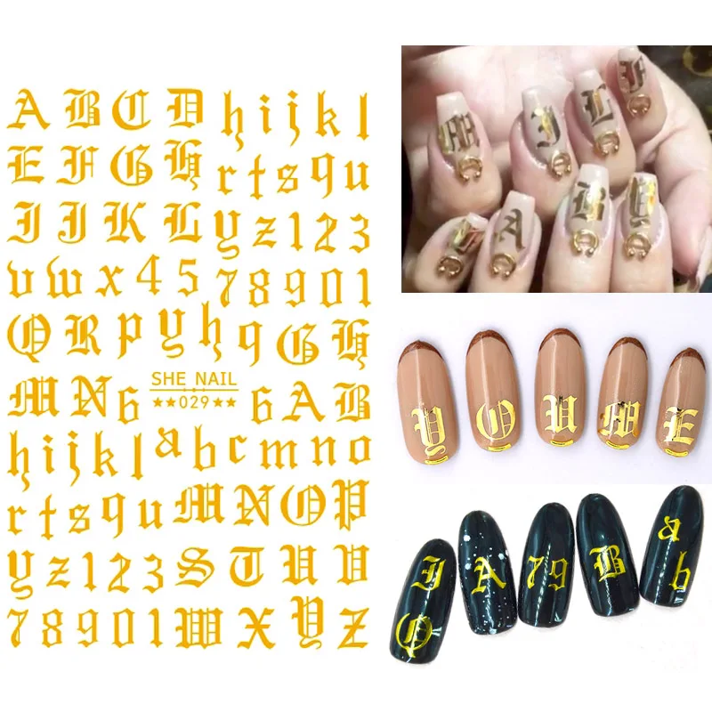 

3colors Nail Art Sticker Water Decals 3D English Letter Number Nails Slider Decorations DIY Manicure Foil Adhesive Wraps Polish