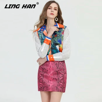 

LINGHAN Fashion Print Long Sleeve Blouse top + Sexy Snake pattern Mini Skirt Two-piece Set Designer Spring Summer Runway New