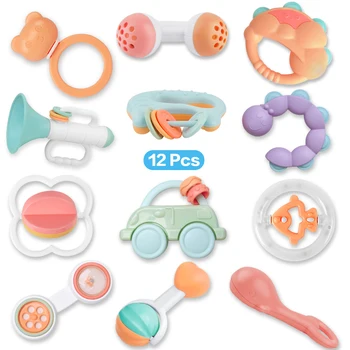 

12PCS Baby Rattles Toy Food Grade Teething Rattle Plastic Hand Bell Intelligence Grasping Gums Baby Teether Toy for 0-3 years