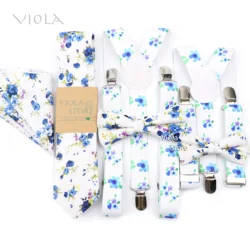 Hot Beautiful Blue Floral Suspender Bow Tie Hanky Set Men Kids Cotton Wedding Party Y-Back Brace Butterfly Cravat Gift Accessory