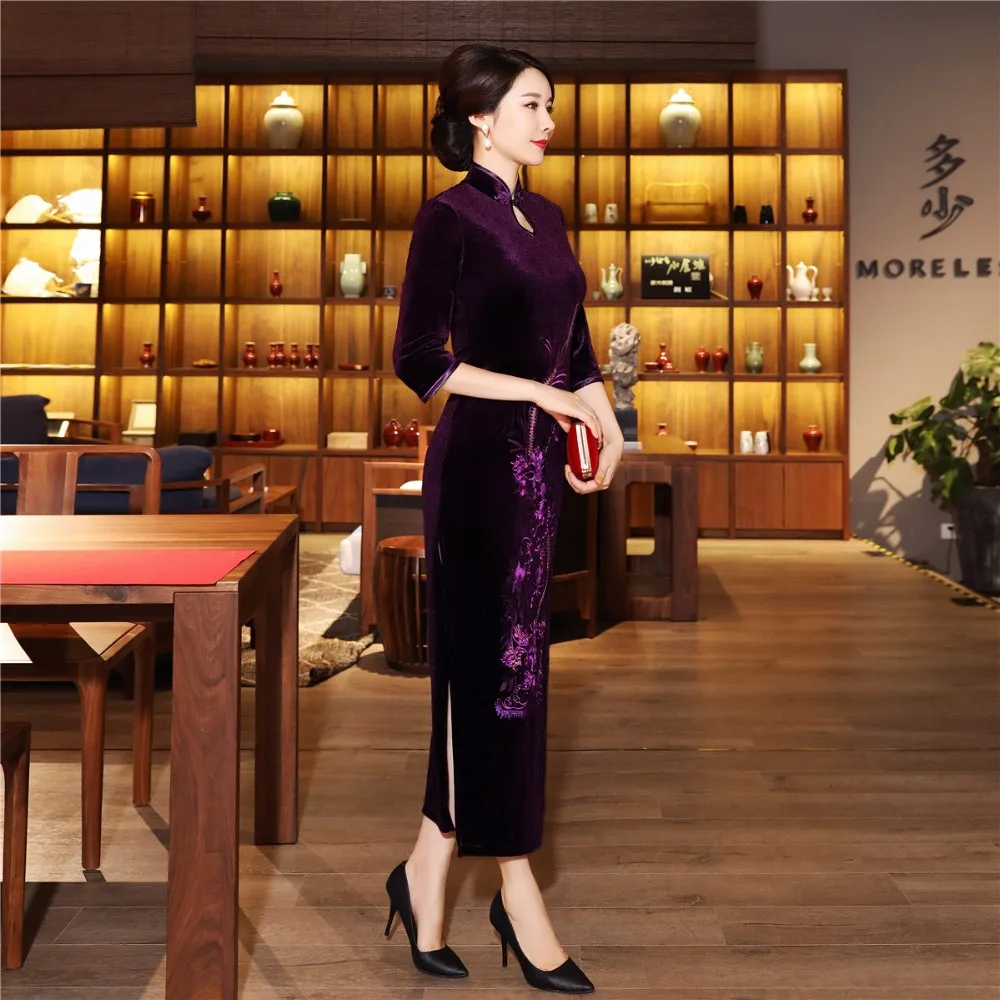 Шанхай история бархат Cheongsam китайское платье вышивка Qipao длинное