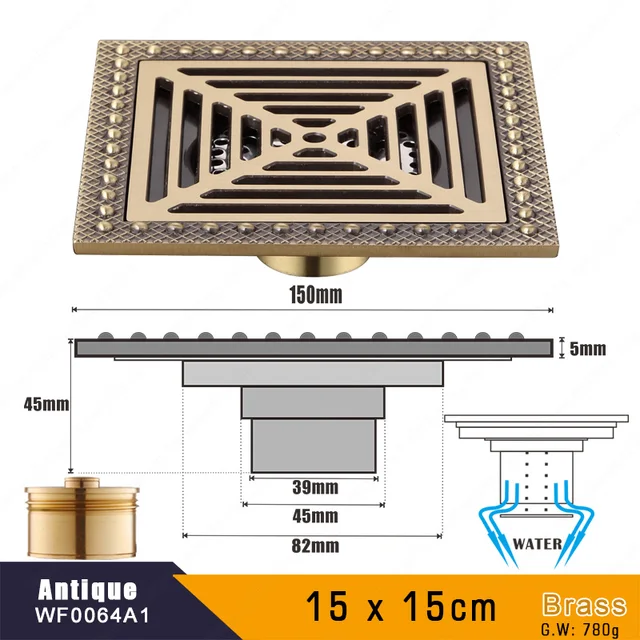15 x 15 Square Bathroom Shower Drain Floor Drain Trap Waste Grate Antique Brass Grid Drain C