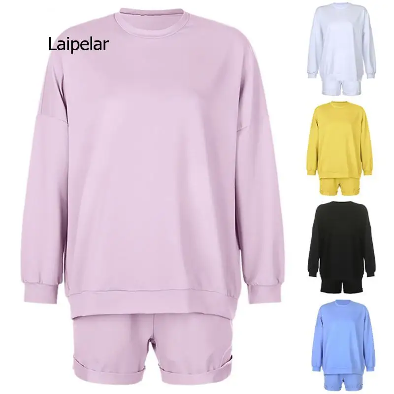 Women Long Sleeve Two Piece Set Solid Color Two Piece Set Pullover Blouse and Loose Shorts Tracksuit
