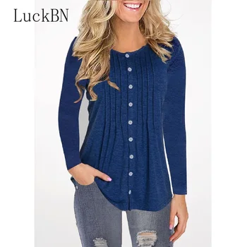 

Large Size 5XL Tops Women Long Sleeve Loose Button Trim Female Solid Color O Neck Tunic Autumn T-Shirts Casual Camiseta Mujer