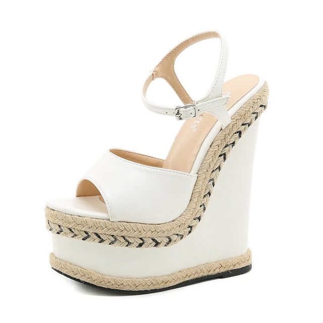 Parisian Grass Rattan Weaving Wedges Sandals Size 35-42 White Belt Buckle  Peep Toe Women's Sandals Thick High Heels Women Shoes - Women's Sandals -  AliExpress