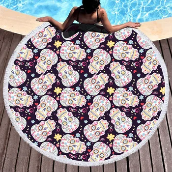 

Flower Skull Pattern Beach Towels Microfiber Beach Towel for Adult Household Bath Towel Outdoor Portable Round Beach Towel