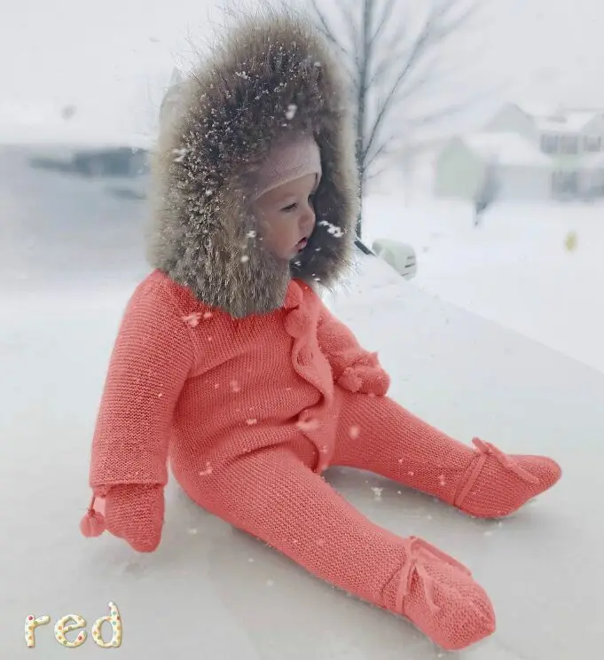 Luxury Baby Knitted Racoon Fur Collar Jumpsuits Hooded Baby Girl Clothes Winter Rompers Boys Girls Infant Onesie Vintage