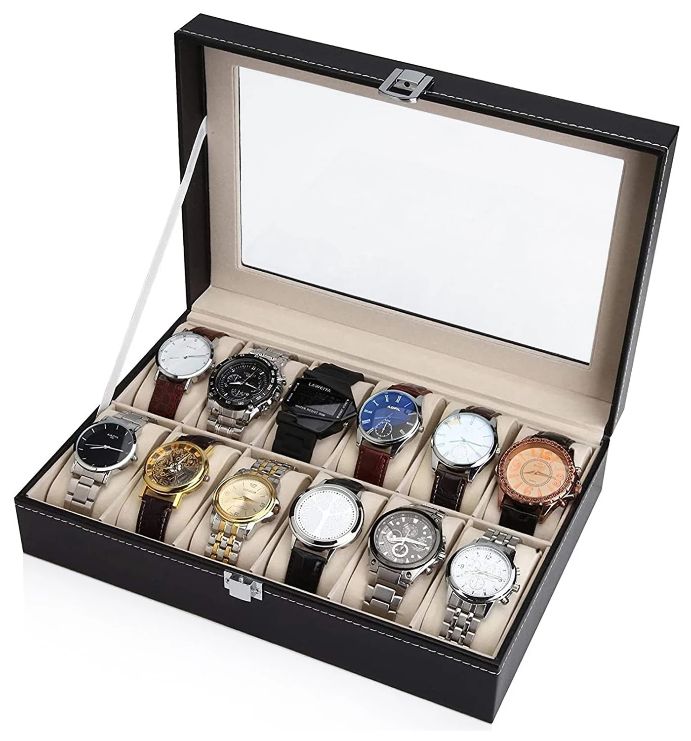 

Коробка из искусственной кожи для часов, органайзер с 12 отделениями для хранения кварцевых часов, ювелирных изделий