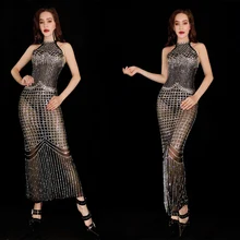 

Black Mesh See Through Crystals Long Dress Evening Party Rhinestones Dresses Birthday See Through Stage Costume Dance Outfit