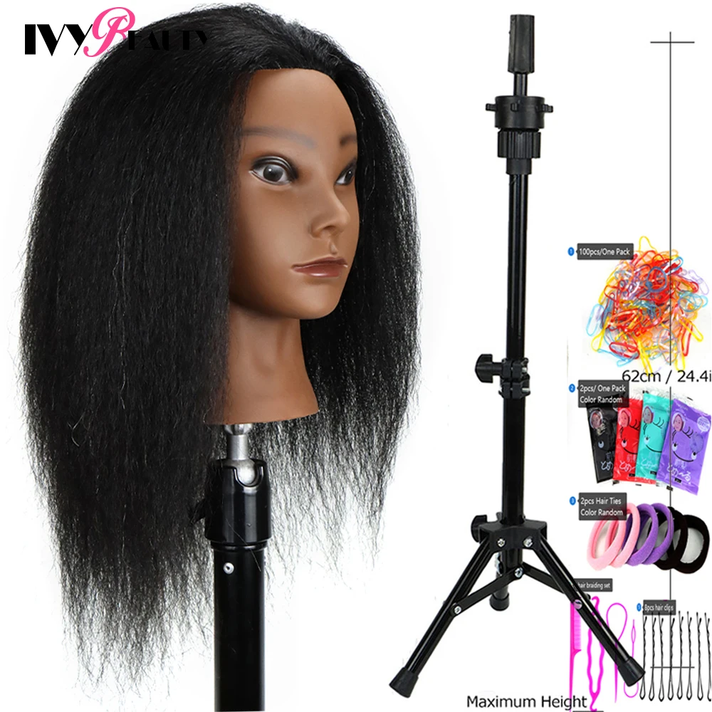 African Mannequin Training Head With Real Human Hair Manikin Cosmetology  Makeup Doll Heads And Stand For Practice Braid Styling