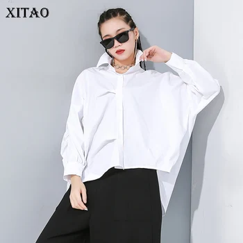 

XITAO 2020 Early Spring New Women Shirts Irregular Creased Long Sleeve White Blouse Women Streetwear Plus Size White Tops XJ3117