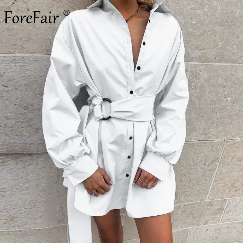 Forefair, сексуальное женское платье с длинным рукавом, осень, однотонное, высокая талия, ТРАПЕЦИЕВИДНОЕ, повседневное, большое, с поясом, завязанное, голубое, белое, мини-платье