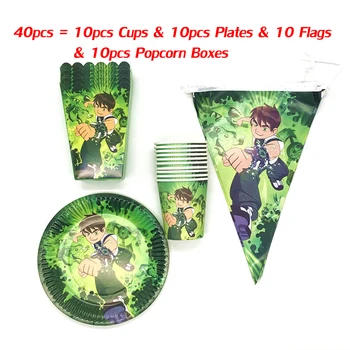 

40 pcs/lot Ben 10 Party Supplies Kids Birthday Tableware Cups Plates Flags Popcorn Box/Hat Christmas Disposable Decor Tableware