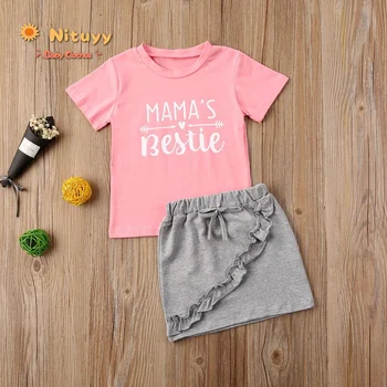 

2020 Summer Toddler Baby Girls Letter Print Short Sleeve T-shirt Top Lace Ruffle Skirt Set Casual Round Collar 2PCS Outfit