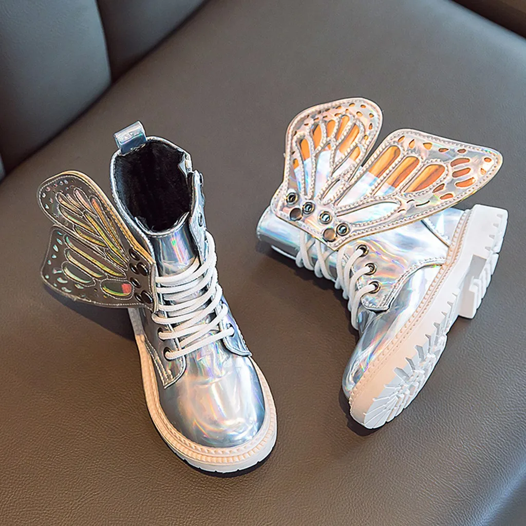 Детская обувь; ботинки для девочек с крыльями бабочки; ботинки со съемным голенищем; блестящие ботинки для маленьких девочек; модные короткие ботинки на молнии; No8