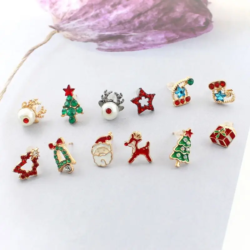 

6 Pairs Christmas Stud Earrings Snowflake Santa Claus Christmas Tree Earring Kit