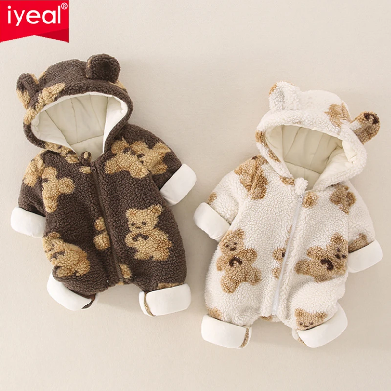 

IYEAL Newest Winter Warm Fleece Newborn Baby Boy Girl Bear Design Cartoon Hooded Jumpsuit Toddler Rompers Outerwear Snowsuits