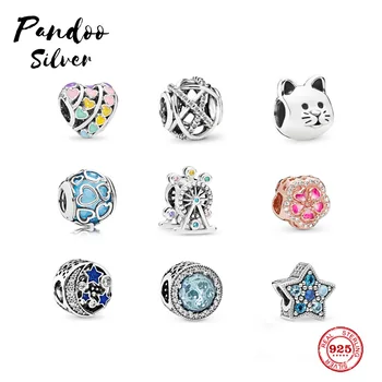 

PANDOO Fashion Charm 925 Sterling Silver Original 1:1 Copy Sakura Series, Fit DIY Bracelets, Opal Kittens, Glamour Jewelry Gif