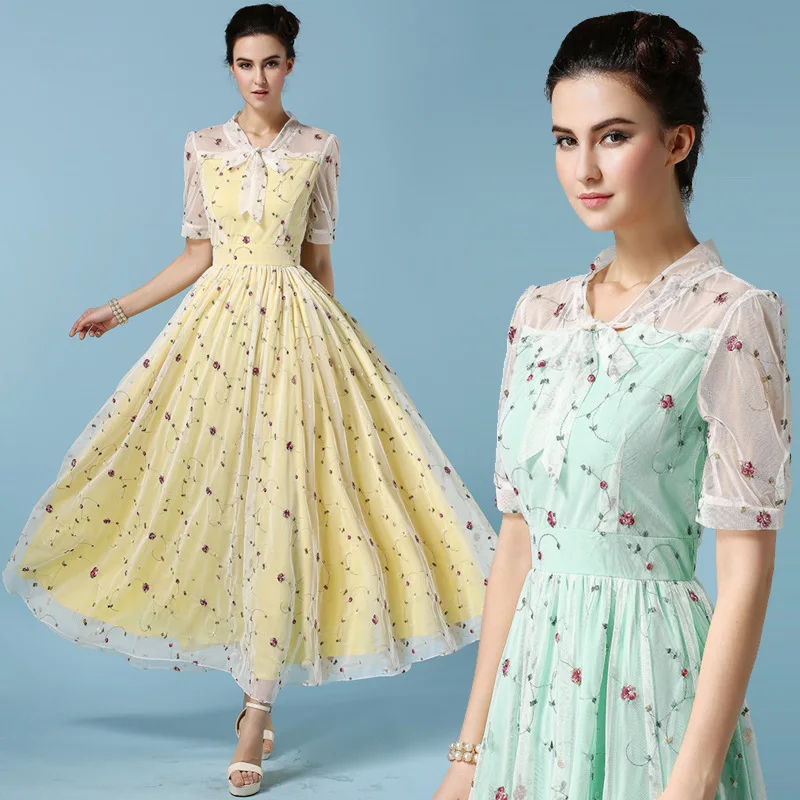 

7036 # Spring And Summer New Style Embroidery Slim Dress Gauze Embroidered Rose Flower Swinging Skirt