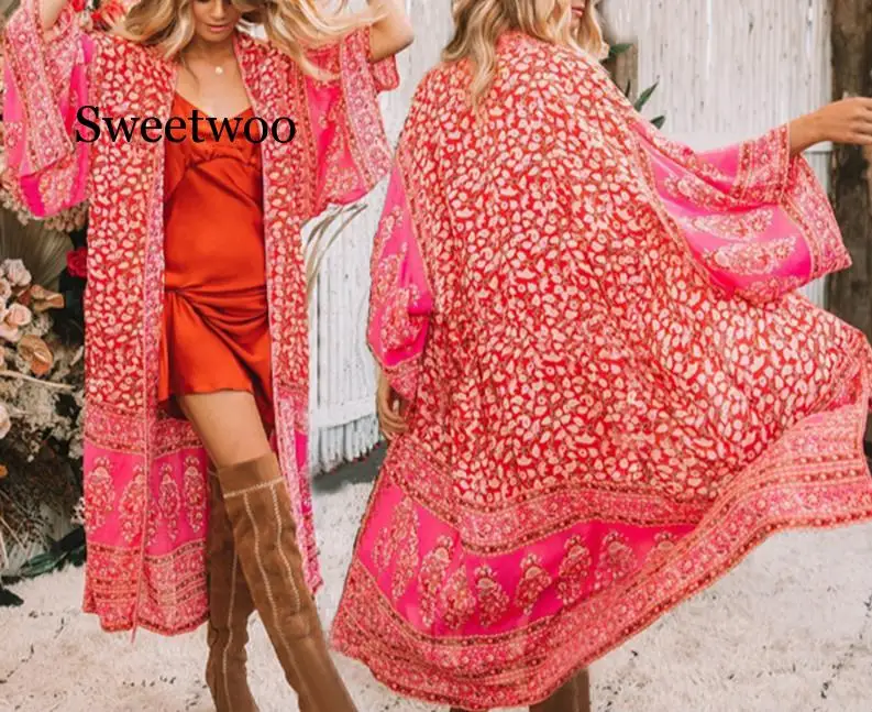 Women Boho Beach Summer Holiday kimono Cardigan Loose Long Blouse Floral Travel vacation